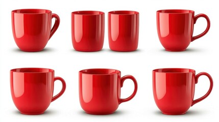 Six Red Mugs in a Row on White Background Studio Shot; Ceramic Coffee Cups and Tea Cups; Simple Modern Design; Tabletop Still Life