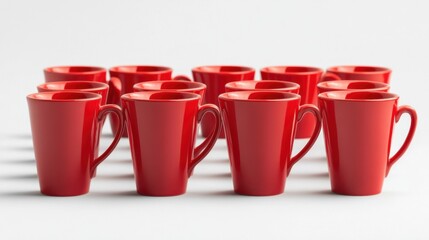 Array of Red Coffee Mugs on White Background Studio Shot from Eye Level for Drinkware or Kitchenware Product Photography
