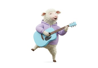 Whimsical sheep character playing an acoustic guitar on a white background