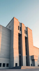 A monumental brutalist government building from the late 1970s, designed with massive cantilevered concrete volumes and sculptural voids, rising against a clear sky. created by generative ai