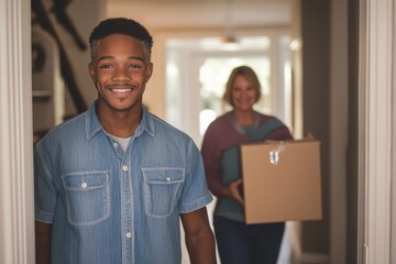 Smiling African American Man Welcoming Mother with Box at Doorway Home Interior Perspective Generational Family Moving In