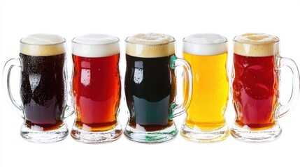 Variety of Beers in Mugs Studio Shot on White Background Displaying Different Colors and Styles of Craft Brews for Tasting and Comparison