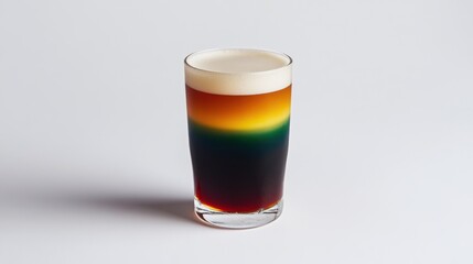 Layered beer in pint glass on white background studio shot close up view for St Patrick's Day celebration or unusual cocktail