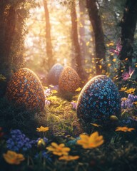 Easter eggs in magical forest with butterflies and flowers, low angle shot, fantasy setting, springtime