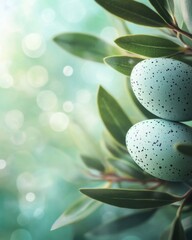 Two speckled eggs nestled among green leaves in soft focus nature scene for Easter or spring celebration