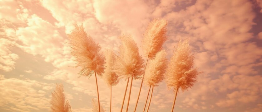 Pampas Grass Against a Pastel Sky Low Angle Shot Golden Hour Serene Nature Scene Outdoor Beauty