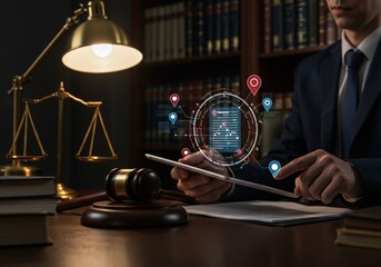 Legal technology concept showing a lawyer signing a digital contract on a tablet in a classic office with a gavel and scales of justice.