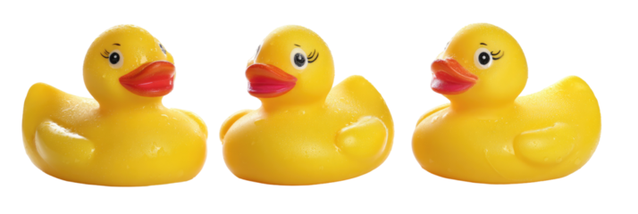 Three Cheerful Yellow Rubber Duckies Isolated on Transparent Background

