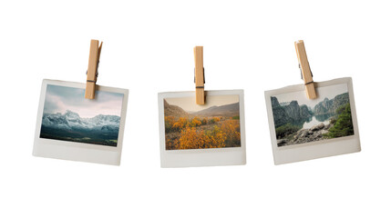 Three Polaroid-Style Photos Clipped to Twine String Isolated on Transparent Background

