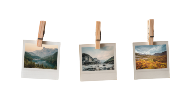 Three Polaroid-Style Photos Clipped to Twine String Isolated on Transparent Background


