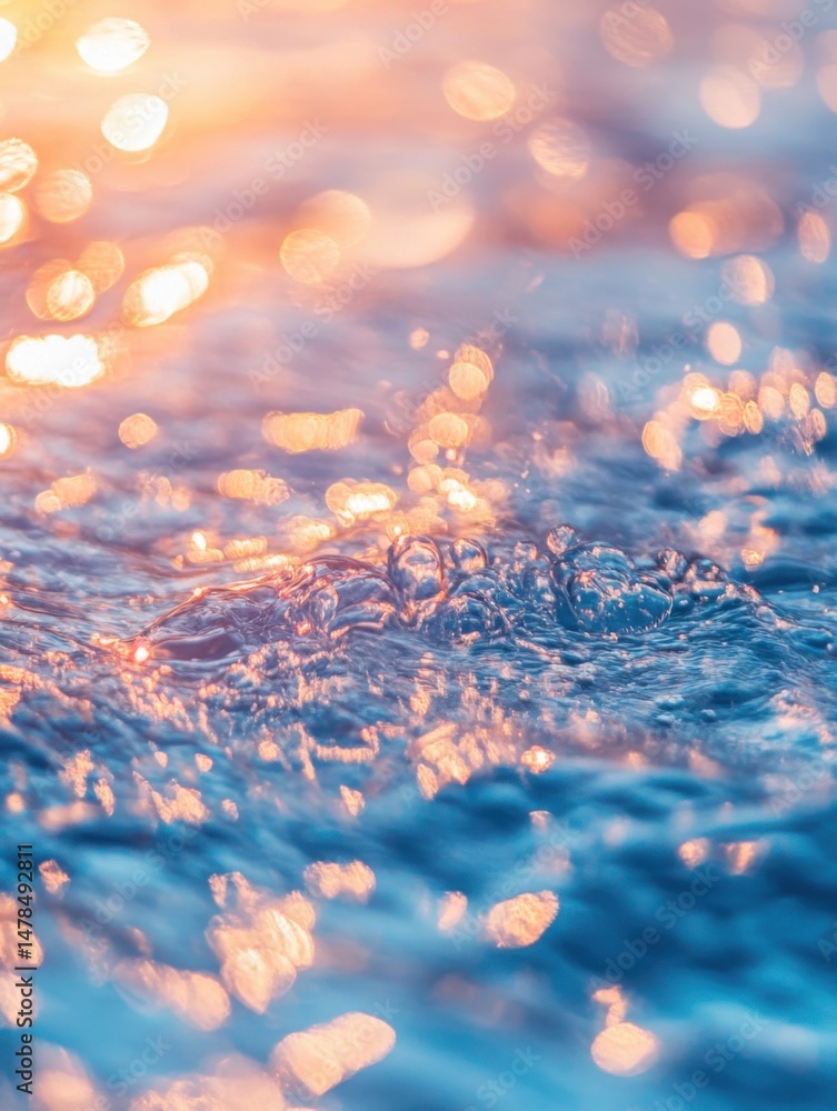 Poster golden hour sunlight reflecting on water surface creating bokeh effect abstract close up shot of oce