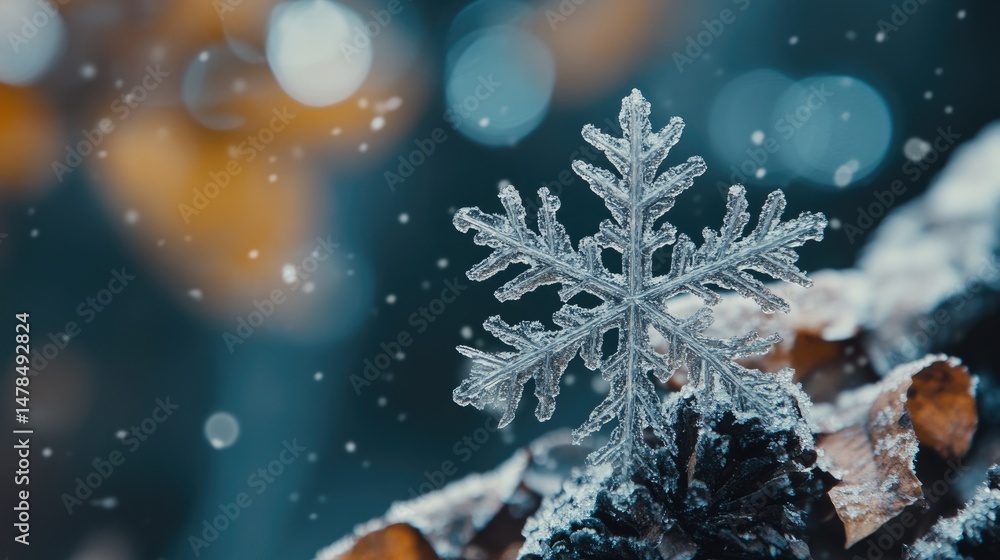 Poster a detailed view of a delicate snowflake in winter.