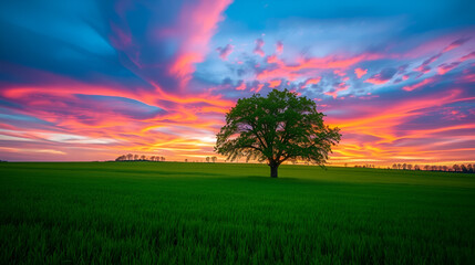 Naklejka premium Lone tree standing in a vibrant green field under a colorful sunset sky.