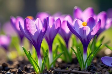 Fototapeta premium Vibrant purple crocus flowers blooming in spring Close-up view showcasing delicate petals and pollen , nature, spring bloom, colorful
