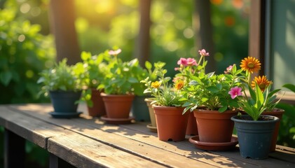 Vibrant potted plants thriving on a sunny patio , agriculture, cultivation