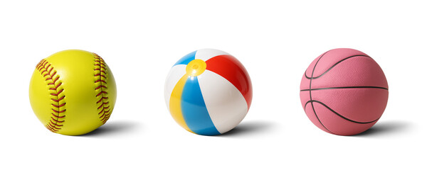 Softball, beach ball and basketball Isolated on transparent and white background