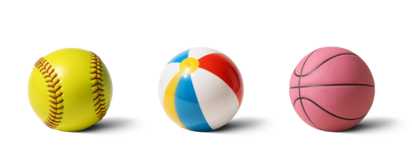 Softball, beach ball and basketball Isolated on transparent and white background