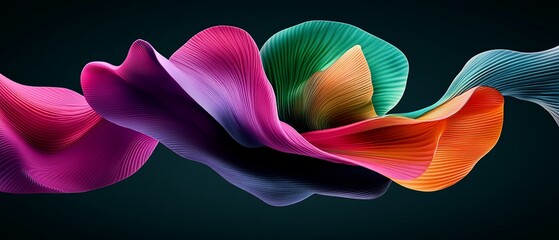 Abstract digital art with layered, flowing ribbons in vibrant colors, dark background