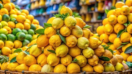 Fresh lemons piled high in a vibrant display at a bustling Sicilian market stall, shopping, vendor,  shopping, vendor,lemons