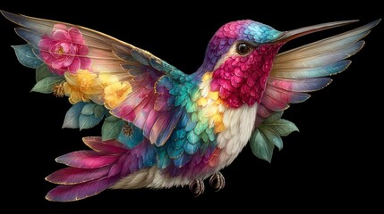 Obraz premium Vibrant Hummingbird with Floral Wings AI Art Nature Fantasy Bird