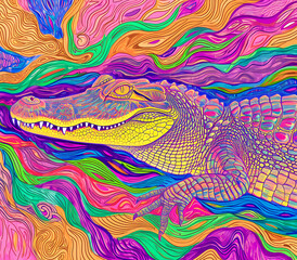 Fototapeta premium an abstract drawing of a crocodile with colorful lines, precisionist lines, light red and indigo, colorful turbulence with mixed pattern colorful background