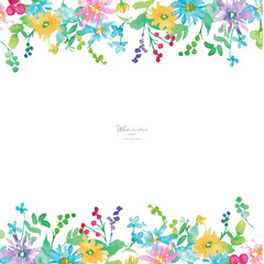 Obraz premium 水彩画。水彩タッチのカラフルな春の花びらフレーム。色鮮やかな花のベクターイラスト。Watercolor. Colorful spring petals frame with watercolor touch. Vector illustration of colorful flowers.