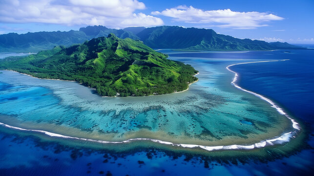 
"Aerial view of a tropical island with blue ocean and coral reefs 