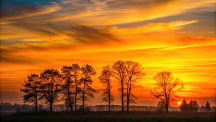 Obraz premium Softly fading sunset with gentle darkening of sky and silhouette of trees against warm orange glow, serene atmosphere, gentle transition