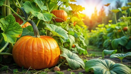 A pumpkin plant growing amidst lush green leaves and vines in a garden, with several orange pumpkins ripe for harvest