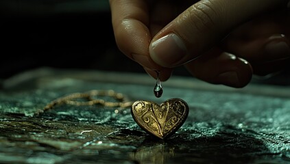 Heart locket with droplet falling, and dark.