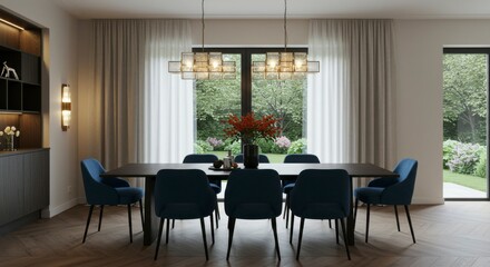 Fototapeta premium Modern dining room with large windows