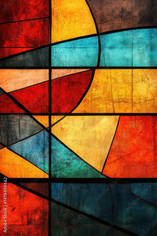 Poster abstract stained glass window close up with geometric shapes and bold colors in a vertical compositi