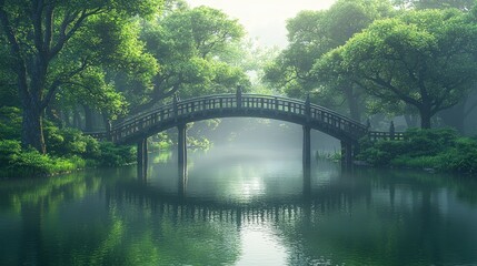 Serene Misty Bridge in Lush Green Forest   Tranquil Nature Scene