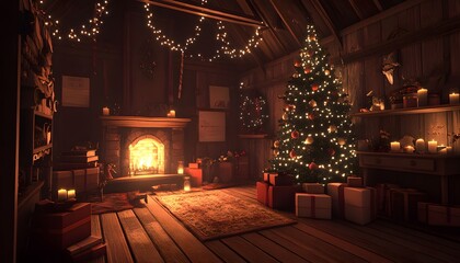 Cozy Christmas interior scene in a rustic barn.