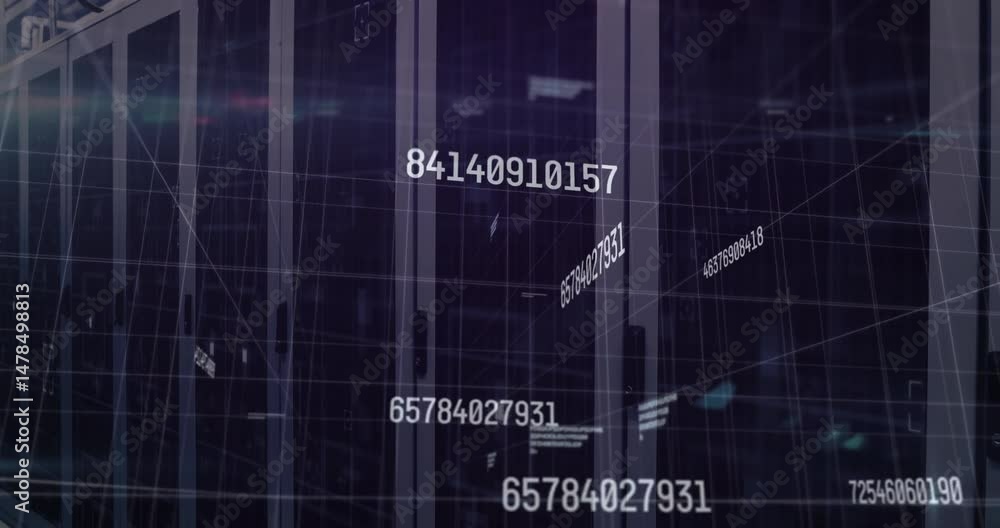Poster central server cabinets streaming numeric code, digital grid lines crisscrossing hall flat design