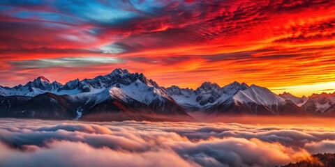 Fototapeta premium A bold and bright red sunrise over a rugged mountain range with snow-capped peaks and a misty valley below, bold, morning, bold