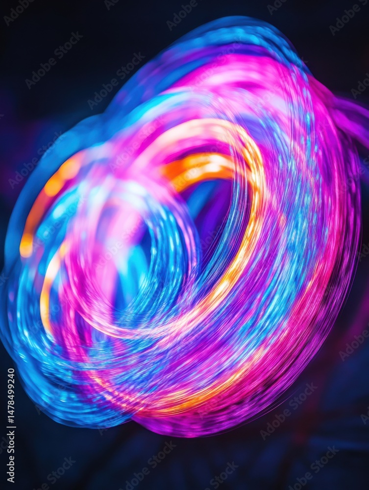 Poster abstract light painting with vibrant neon colors creating swirling patterns in a dark studio setting
