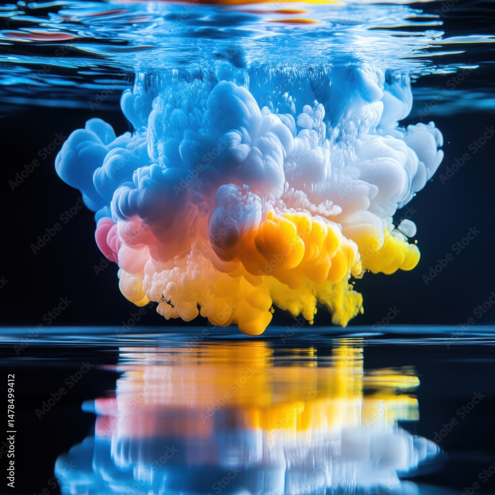 Poster underwater cloud of colorful ink dissolving in water abstract art close up studio shot with reflecti