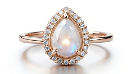 Elegant Rose gold ring featuring a pear-shaped moonstone surrounded by diamond accents on a delicate band with intricate details