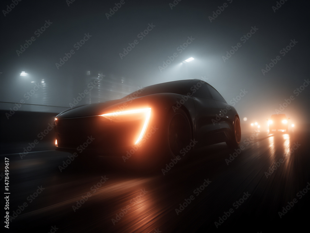 Poster futuristic 3d rendering of autonomous vehicles maintaining formation in dense fog on a highway, util