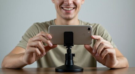Fototapeta premium Smiling person holds phone for video chat