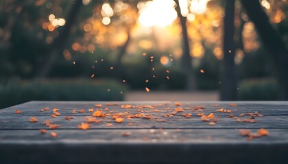 Golden autumn leaves scattered on a rustic wooden table.