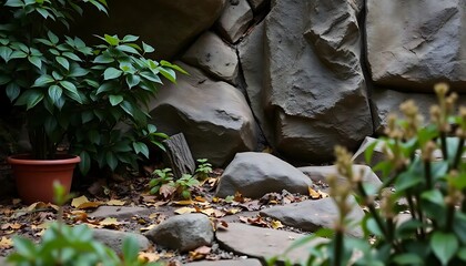 Tranquil Garden Nook with Stone Wall and Foliage in a Relaxing Setting