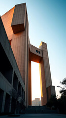 A monumental brutalist government building from the late 1970s, designed with massive cantilevered concrete volumes and sculptural voids, rising against a clear sky. created by generative ai