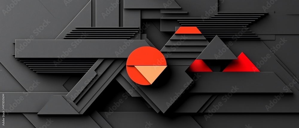 Poster abstract geometric 3d design with red and orange shapes. gray background with triangles