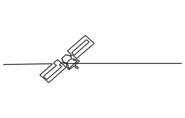Continuous one line drawing of Satellite in the outer space. satellite communications orbit in single line draw illustration. Editable stroke.
