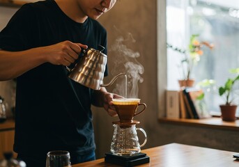 Professional barista carefully brewing artisan pour-over coffee. A concept of specialty coffee culture, craft, precision, and the coffee-making ritual.