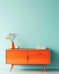 Orange sideboard against turquoise wall in modern interior design with vase and box in studio shot