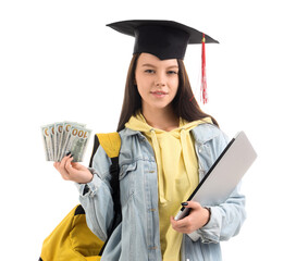 Young woman with savings for education and laptop on white background