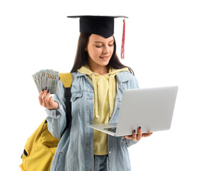 Young woman with savings for education and laptop on white background